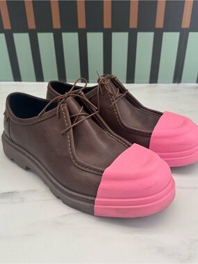 Camper Junction Brown Leather Shoes w/ Pink Removable Rubber Cap Toe – Size 10.5